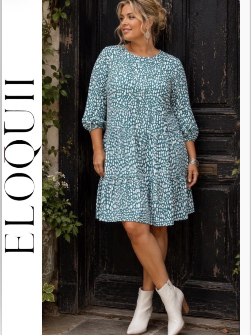 28W Eloquii “Shower of Hail” Balloon Sleeve Swingy Dress with Double Tier Hem